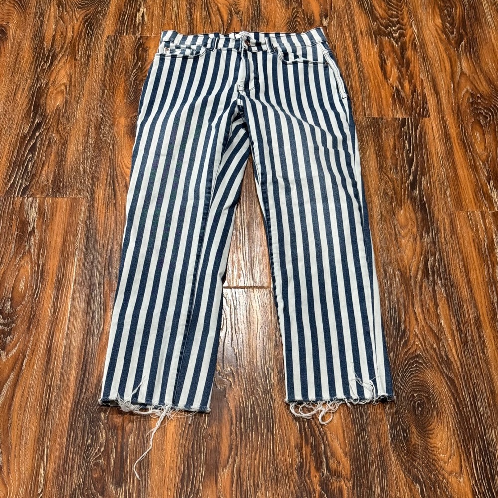 Kensie Jeans The Allie High Rise Slim Straight Striped Raw Hem Blue White 4/27